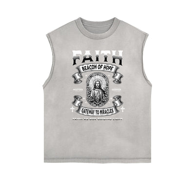 Distressed Sleeveless Jesus Pattern Tee