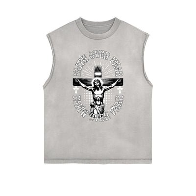 Distressed Sleeveless Jesus Pattern Tee