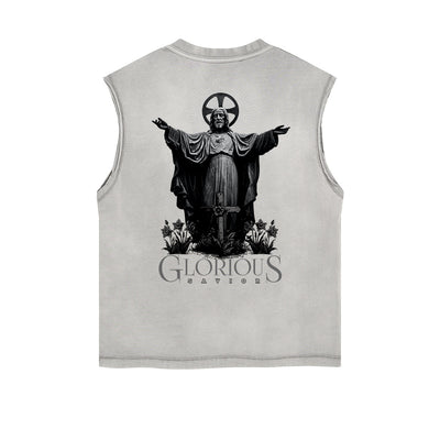 Distressed Sleeveless Jesus Pattern Tee