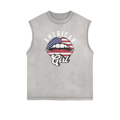 Distressed Sleeveless Red Lips Pattern Tee