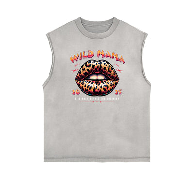 Distressed Sleeveless Red Lips Pattern Tee