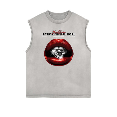Distressed Sleeveless Red Lips Pattern Tee