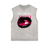 Distressed Sleeveless Red Lips Pattern Tee