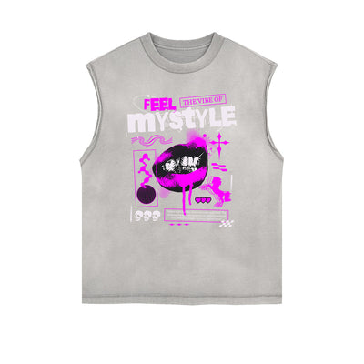 Distressed Sleeveless Red Lips Pattern Tee