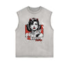 Distressed Sleeveless Red Lips Pattern Tee