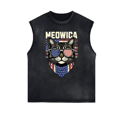 Distressed Sleeveless Cat Pattern Tee