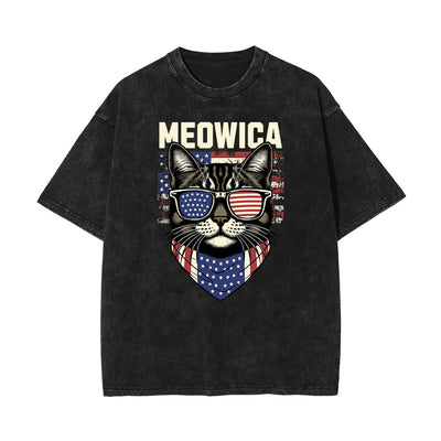Stone Wash Cat Pattern T Shirt