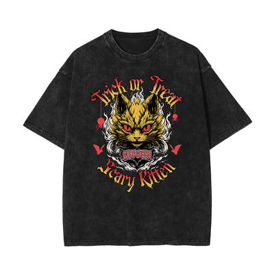Stone Wash Cat Pattern T Shirt