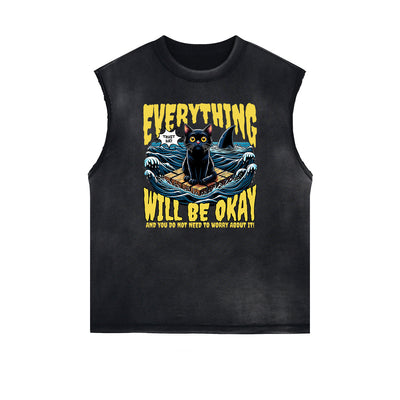 Distressed Sleeveless Cat Pattern Tee