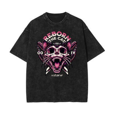 Stone Wash Cat Pattern T Shirt