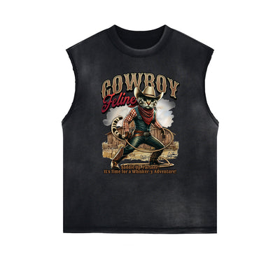 Distressed Sleeveless Cat Pattern Tee