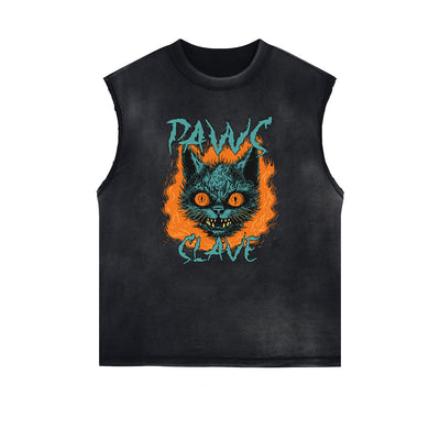 Distressed Sleeveless Cat Pattern Tee