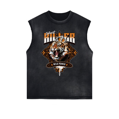 Distressed Sleeveless Tiger Pattern Tee