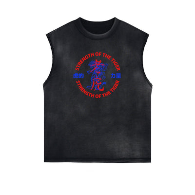 Distressed Sleeveless Tiger Pattern Tee
