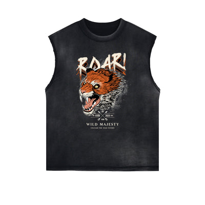 Distressed Sleeveless Tiger Pattern Tee