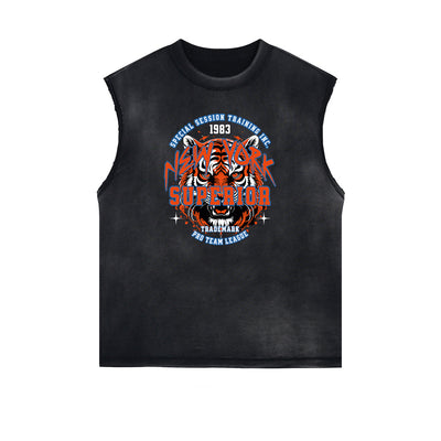 Distressed Sleeveless Tiger Pattern Tee