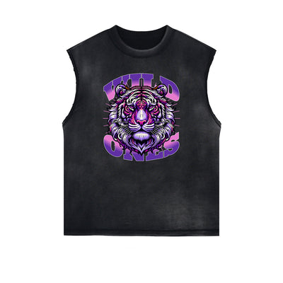 Distressed Sleeveless Tiger Pattern Tee