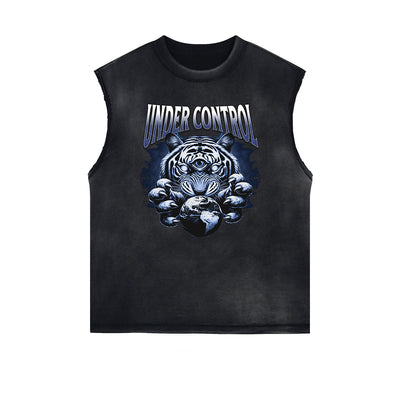 Distressed Sleeveless Tiger Pattern Tee