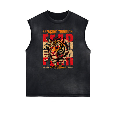 Distressed Sleeveless Tiger Pattern Tee