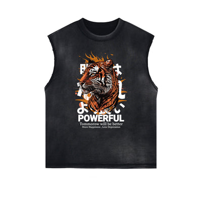 Distressed Sleeveless Tiger Pattern Tee