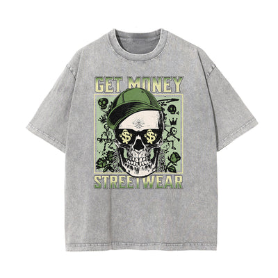 Washed Skull & Money Graphic Cotton Tee