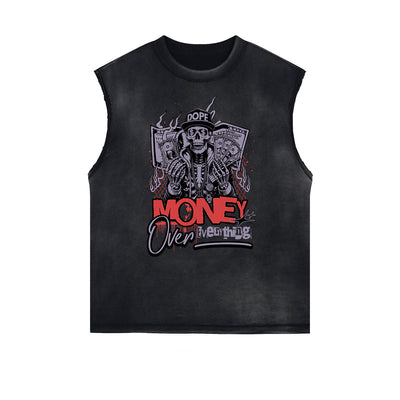 Frayed Edge Skull & Money Graphic Tank Top
