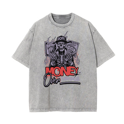 Washed Skull & Money Graphic Cotton Tee