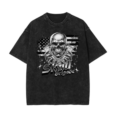Stone Wash Skull & Money Pattern T Shirt