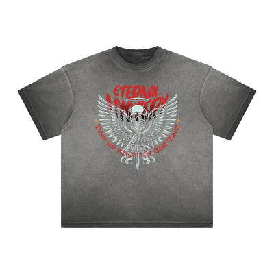Thick Faded Skull & Money Graphic T Shirt