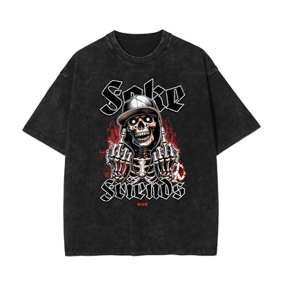 Stone Wash Skull & Money Pattern T Shirt
