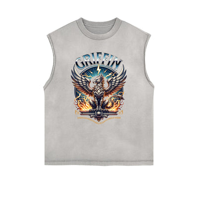 Distressed Sleeveless Winged Monster Pattern Tee
