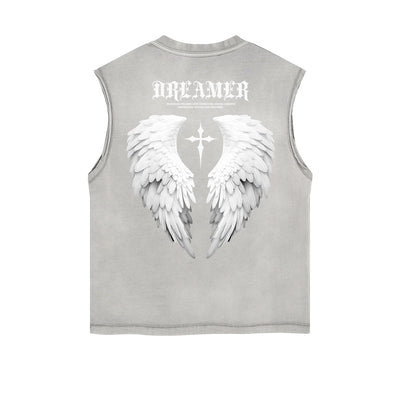 Distressed Sleeveless Winged Monster Pattern Tee