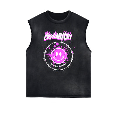 Distressed Sleeveless Mask Pattern Tee