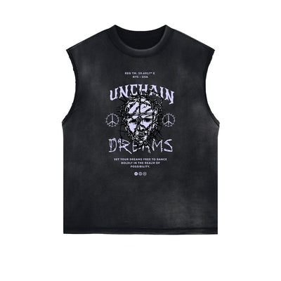 Distressed Sleeveless Mask Pattern Tee