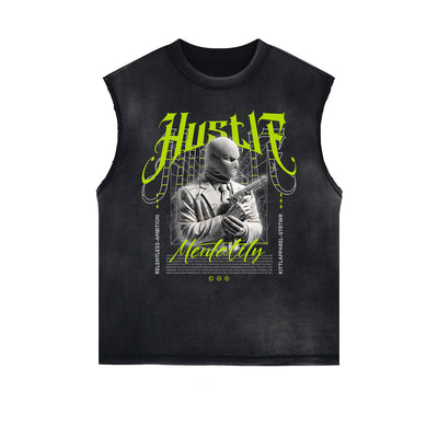 Distressed Sleeveless Mystery Mask Pattern Tee