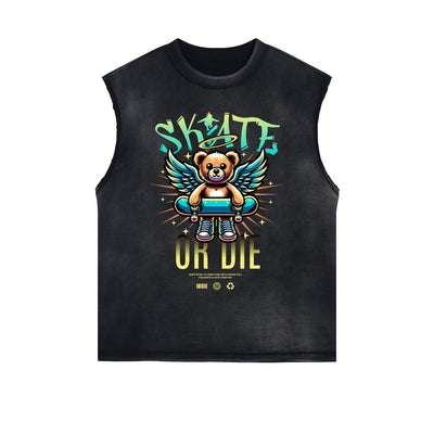Distressed Sleeveless Creepy Bear Pattern Tee