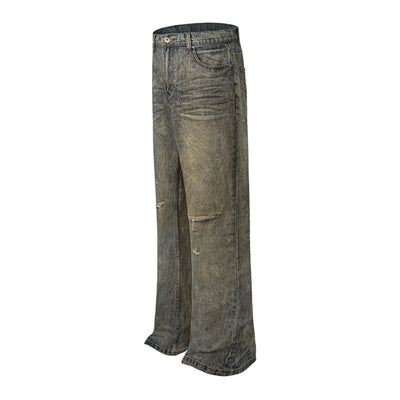 Mud Blue Distressed Wide-Leg Jeans