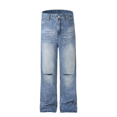 Vintage Wash Ripped Knee Straight-Leg Jeans