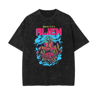 Streetwear Stone Wash Cartoon Pattern Tee