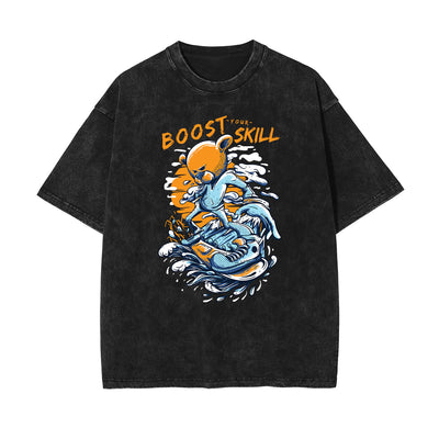 Streetwear Stone Wash Cartoon Pattern Tee