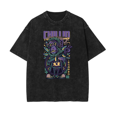 Streetwear Stone Wash Cartoon Pattern Tee