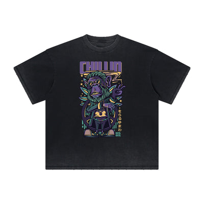 Streetwear Stone Wash Cartoon Pattern Tee