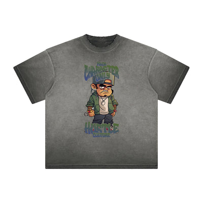 Stone Wash Gray Faded Cartoon Graphic Tee