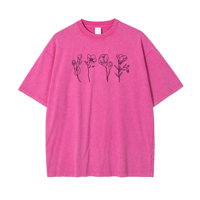 Flower Line Art Pattern Pink T Shirt