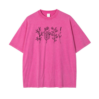 Flower Line Art Pink Cotton T Shirt