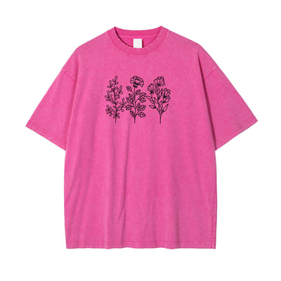 Flower Line Art Pink Cotton T Shirt