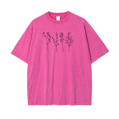 Flower Line Art Pink Cotton T Shirt