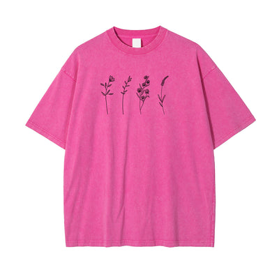 Flower Line Art Pink Cotton T Shirt