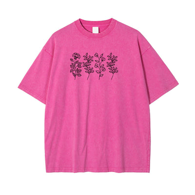 Flower Line Art Pink Cotton T Shirt