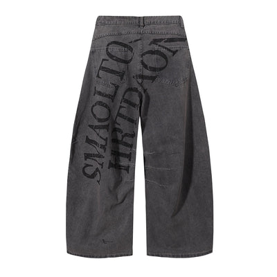 Wide Leg Black Bold Letter Print Jeans